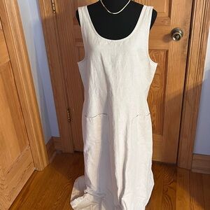 L.L. Bean Ivory Linen Cotton Maxi Dress 16 Lagenlook Pocket Button Shoulder VTG